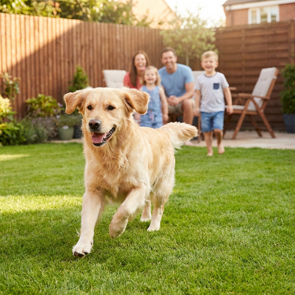 A family playing with their dog in the backyard